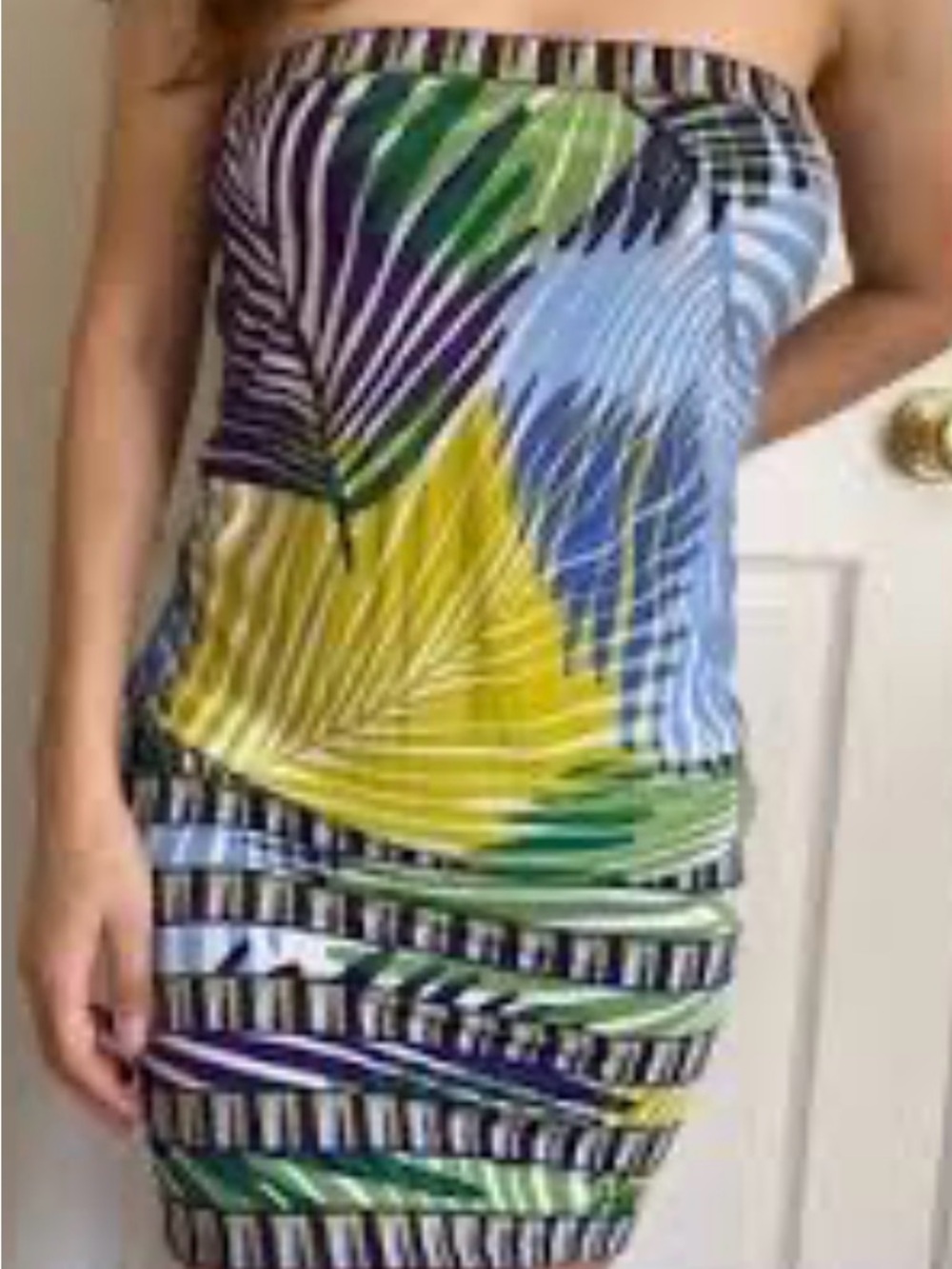 BCBGMaxAzria Strapless Tropical Leaf Print Dress in Blue, Green, Yellow, Purple